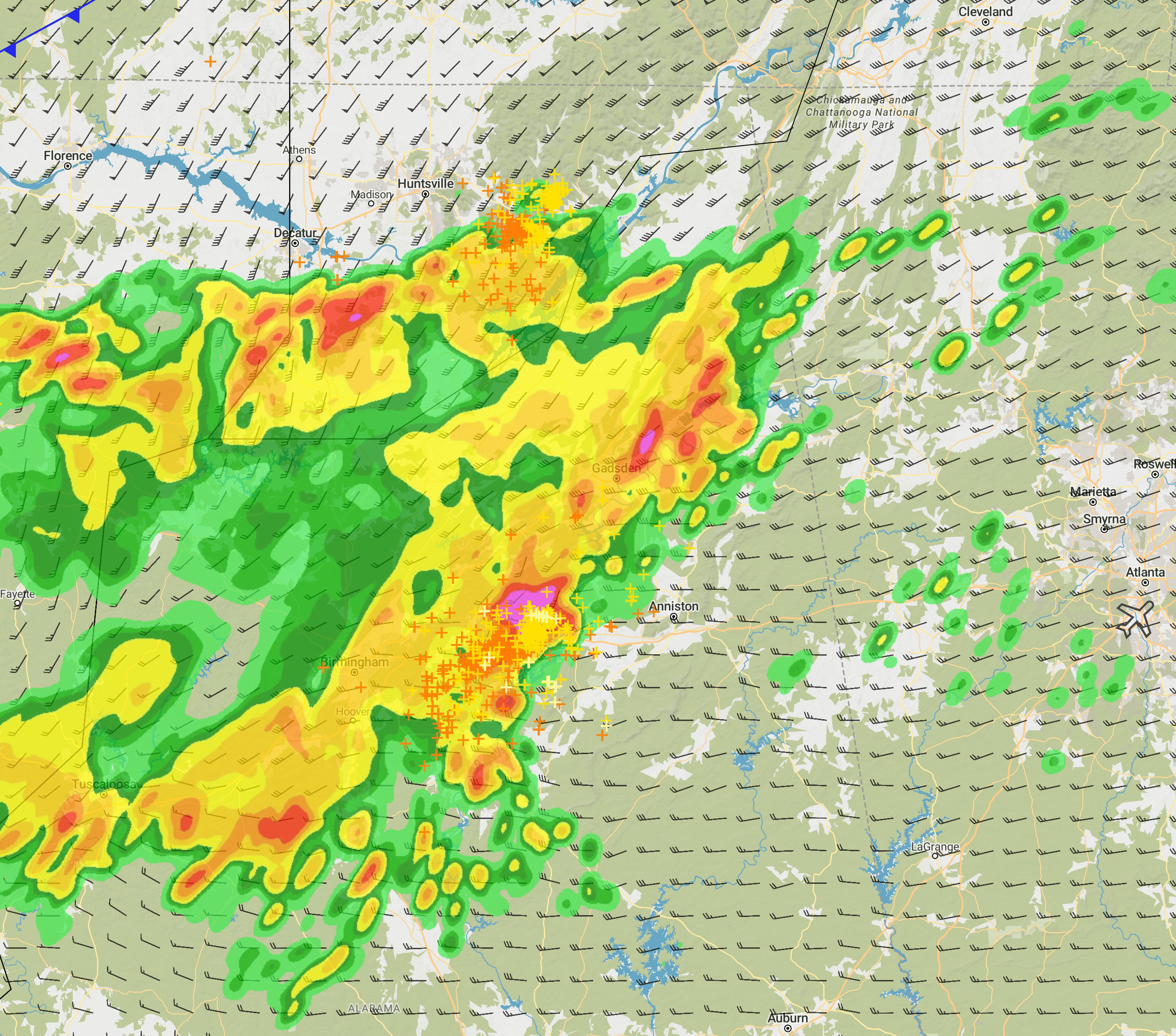 An example of forecasted convection, approaching the Atlanta, GA region