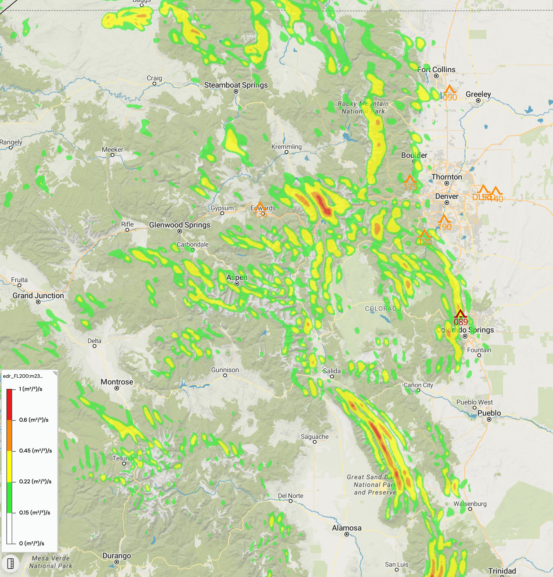 An example of US1k EDR mountain wave turbulence around Denver, CO area