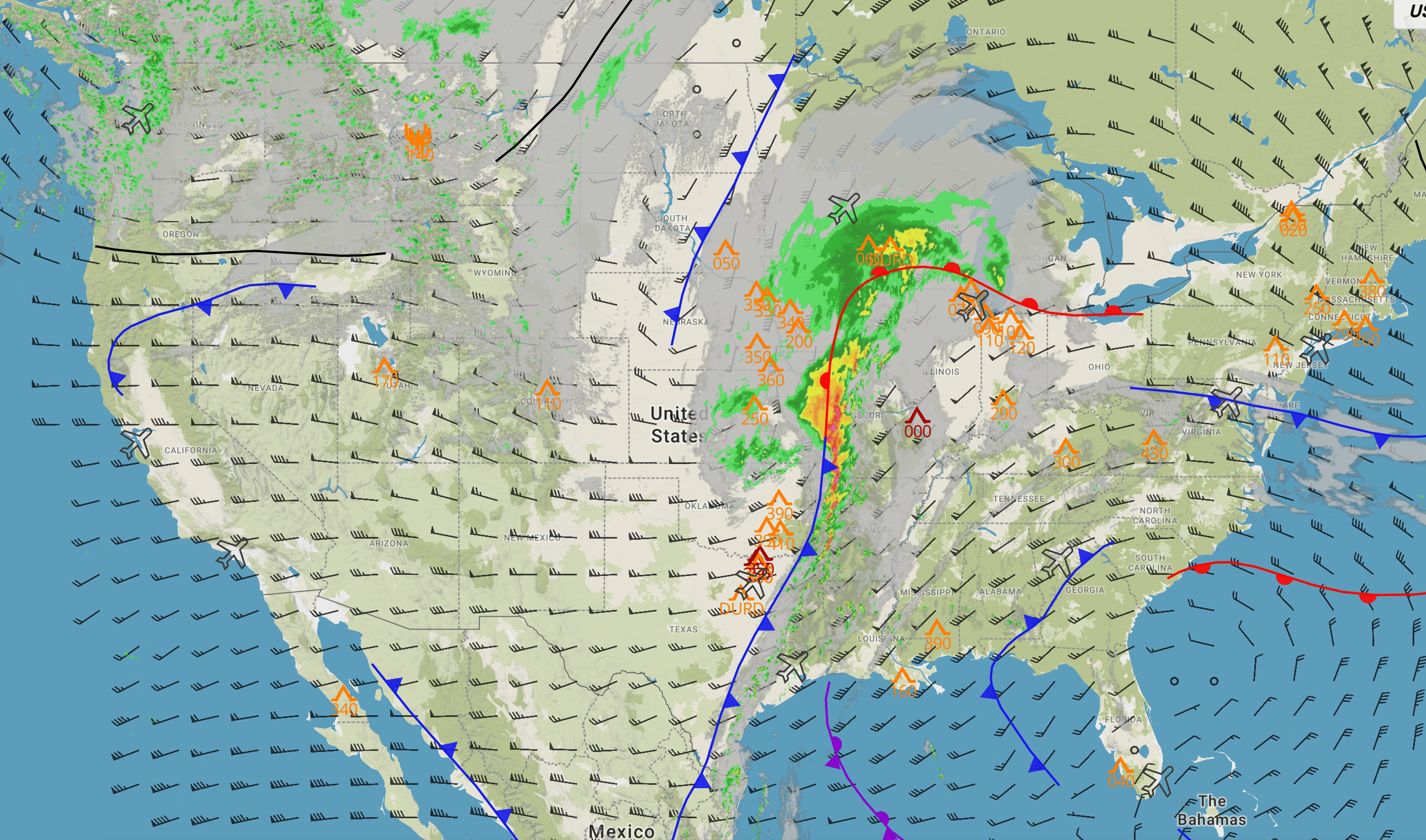 An overview of the US1k domain, showing weather systems, precipitation and aloft winds at FL330