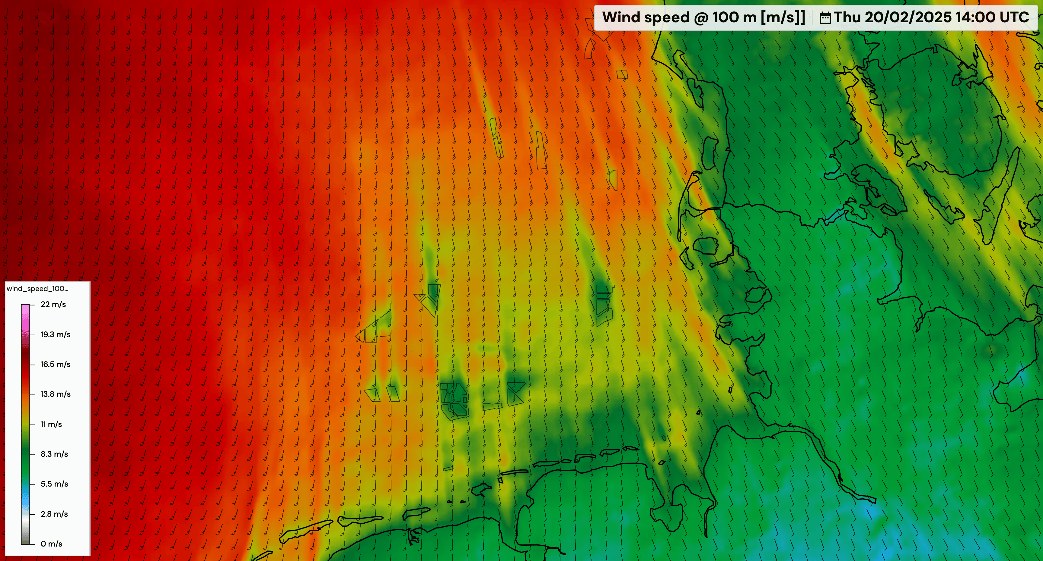 Visualization of wake effects on offshore wind farms in the North Sea.
