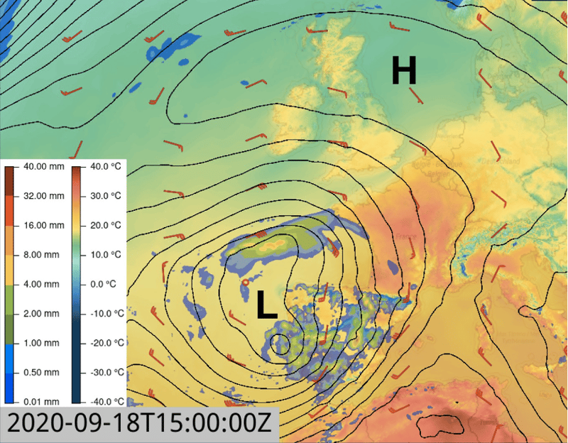 La carte météo montre une zone de haute et de basse pression.