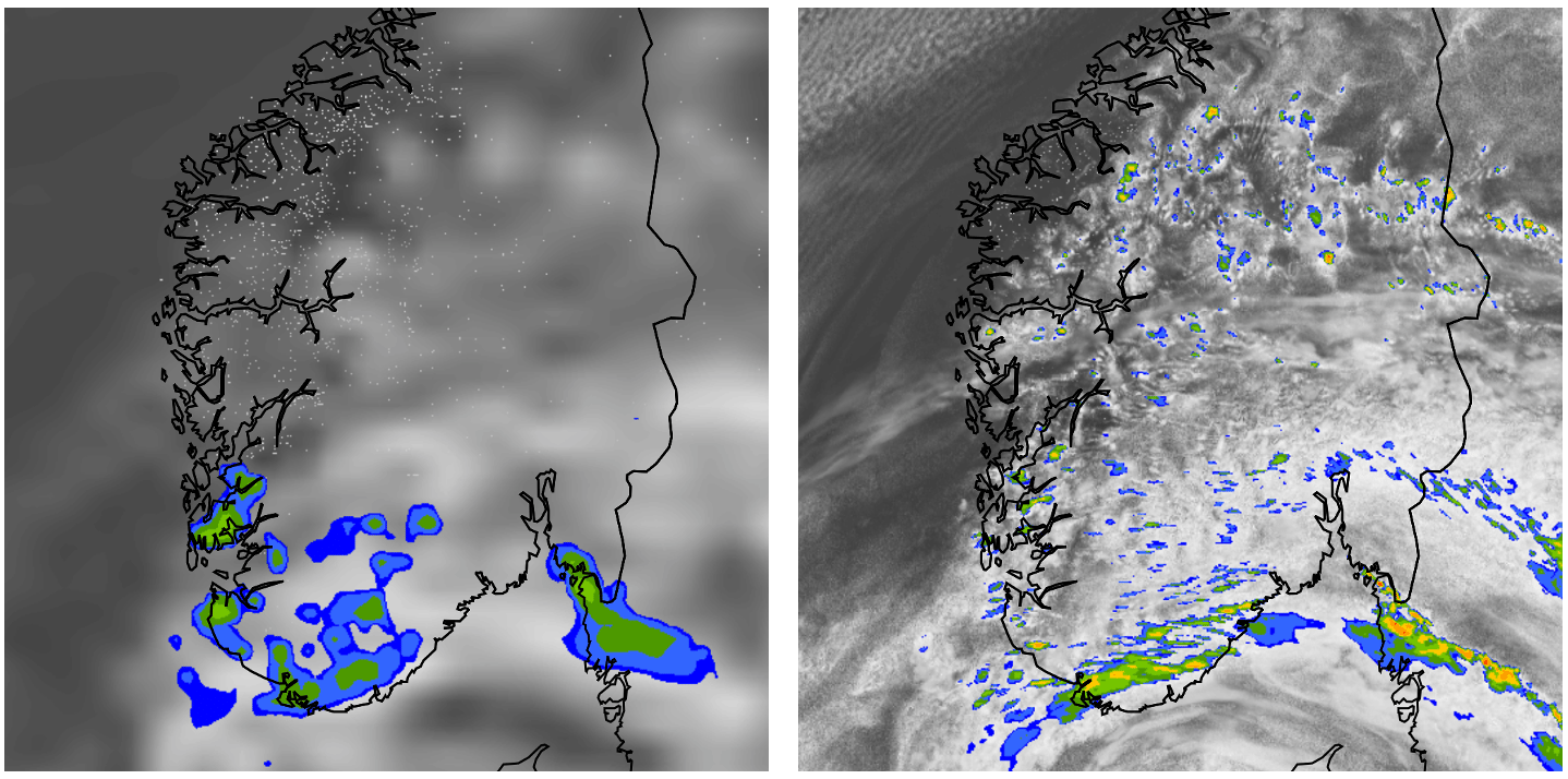 Niederschlag und Bewölkung über Norwegen mit dem ECMWF-Modell (links, Auflösung: ca. 9 km) und mit dem EURO1k von Meteomatics (rechts, Auflösung: 1 km)