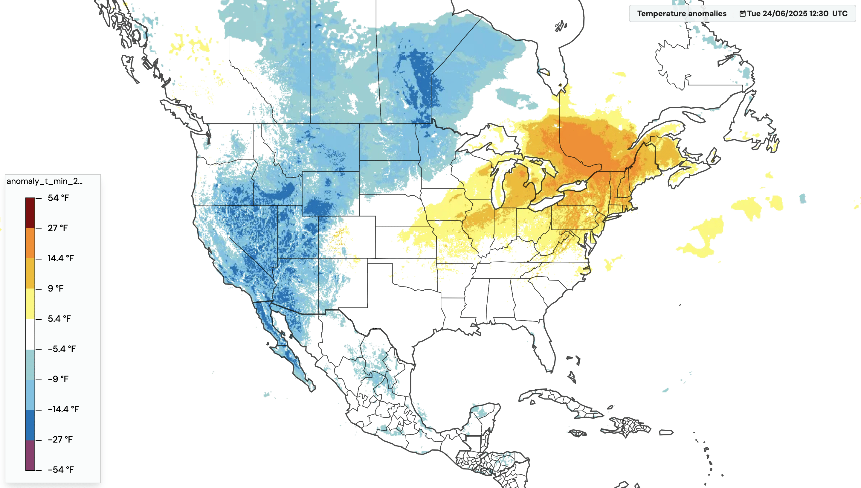 anomalies de température aux États-Unis, 24 juin 2025
