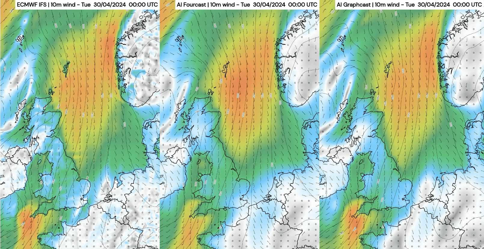 MetX map comparing 10 m wind speeds in Northern Europe from the ECMWF IFS model and AI-based models.