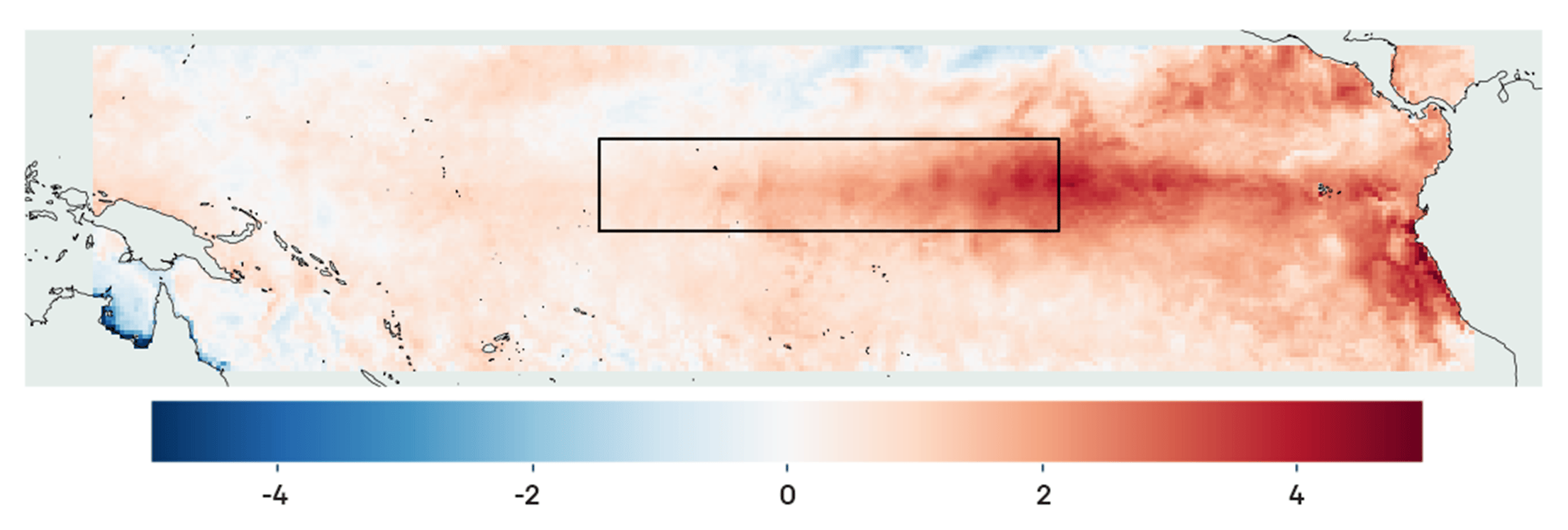 Meeresoberflächentemperatur in der El-Nino-Region im Mai 2023. Vergleicht man diese Signatur mit anderen Ereignissen, wie z. B. 2016, kann man ableiten, dass ein starkes El-Nino-Ereignis bevorstehen könnte (die Signaturen von El-Nino-Ereignissen erreichen in der Regel ihren Höhepunkt im Dezember).