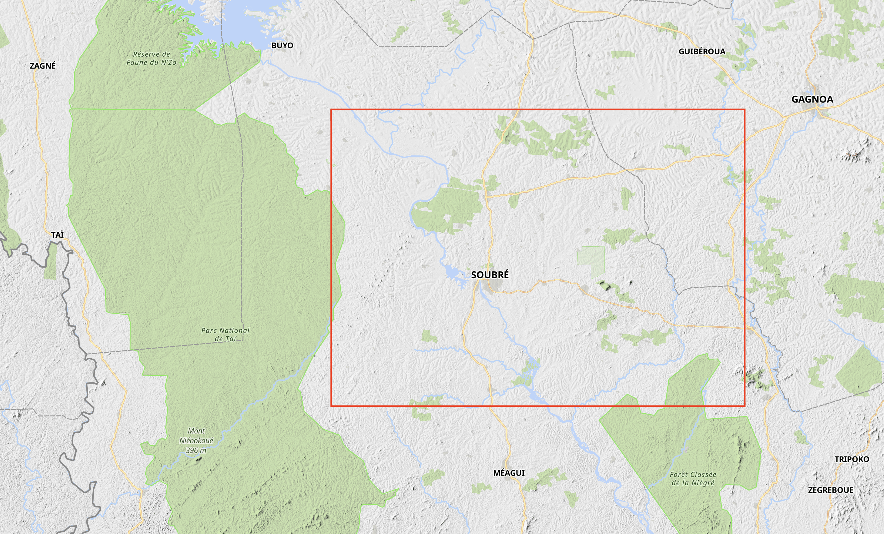 Analysed grid around the region of Soubré in Côte d'Ivoire.