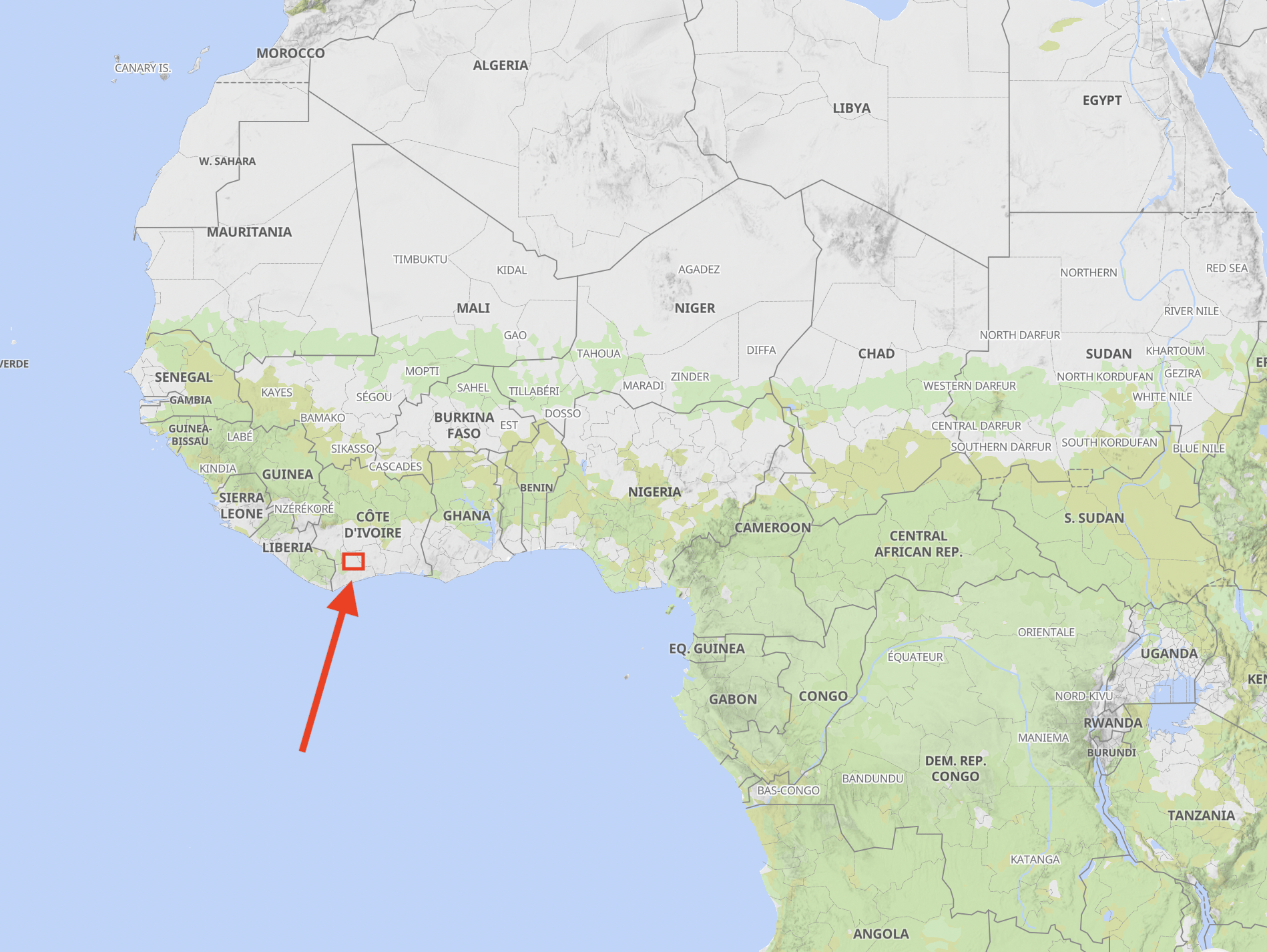 Analysed grid around the region of Soubré in Côte d'Ivoire.