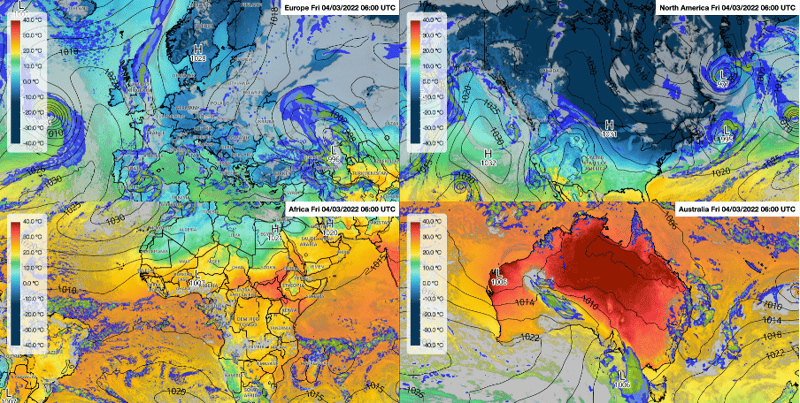 Wettervorhersage Karten für Europa, Nordamerika, Afrika und Australien (v.o.v.l.)