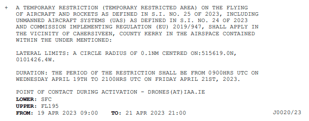 NOTAM published by the IAA
