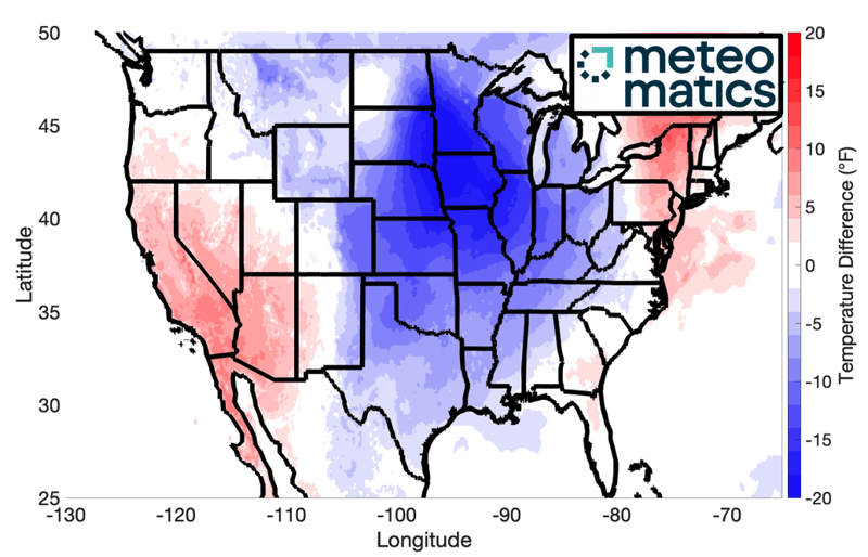 Figure 1: Temperature difference (in Fahrenheit) across the US (week of 24th of April, compared to last year)