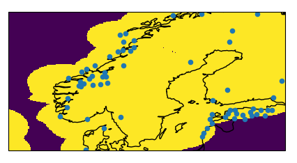 Figure 1: Weather station locations (blue points) and range of Scandinavian radar (yellow)