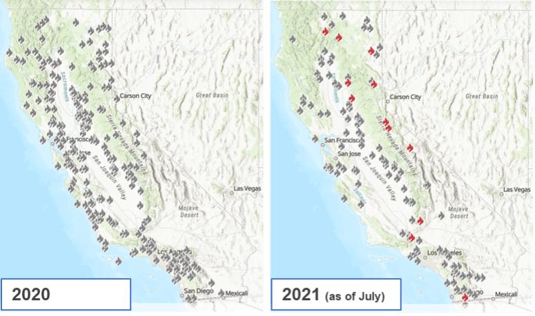 Comparison of califronia wildfires 2020 2021