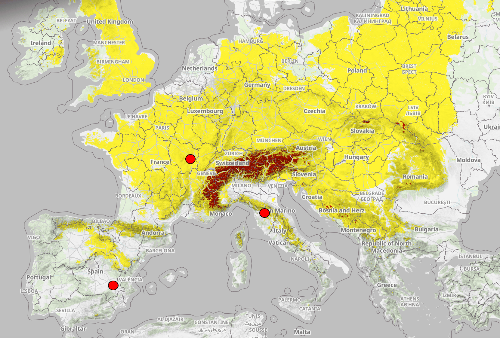 Abbildung 1: Spätfrostwarnung in Europa (markiert sind wichtige Weinbauregionen Burgund, Frankreich und Toskana, Italien)