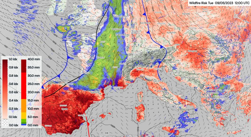 wildfire situation in Europe on Tuesday the 9th of May 2023