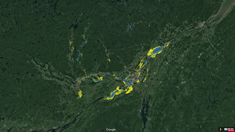 Abbildung 2 Überlagerung der Hochwasserhöhe von 5 m auf einem Satellitenbild des Einzugsgebiets des Ottawa-Flusses